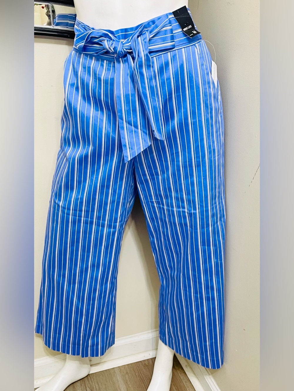 High-Rise Blue Striped Tie-Waist Capris